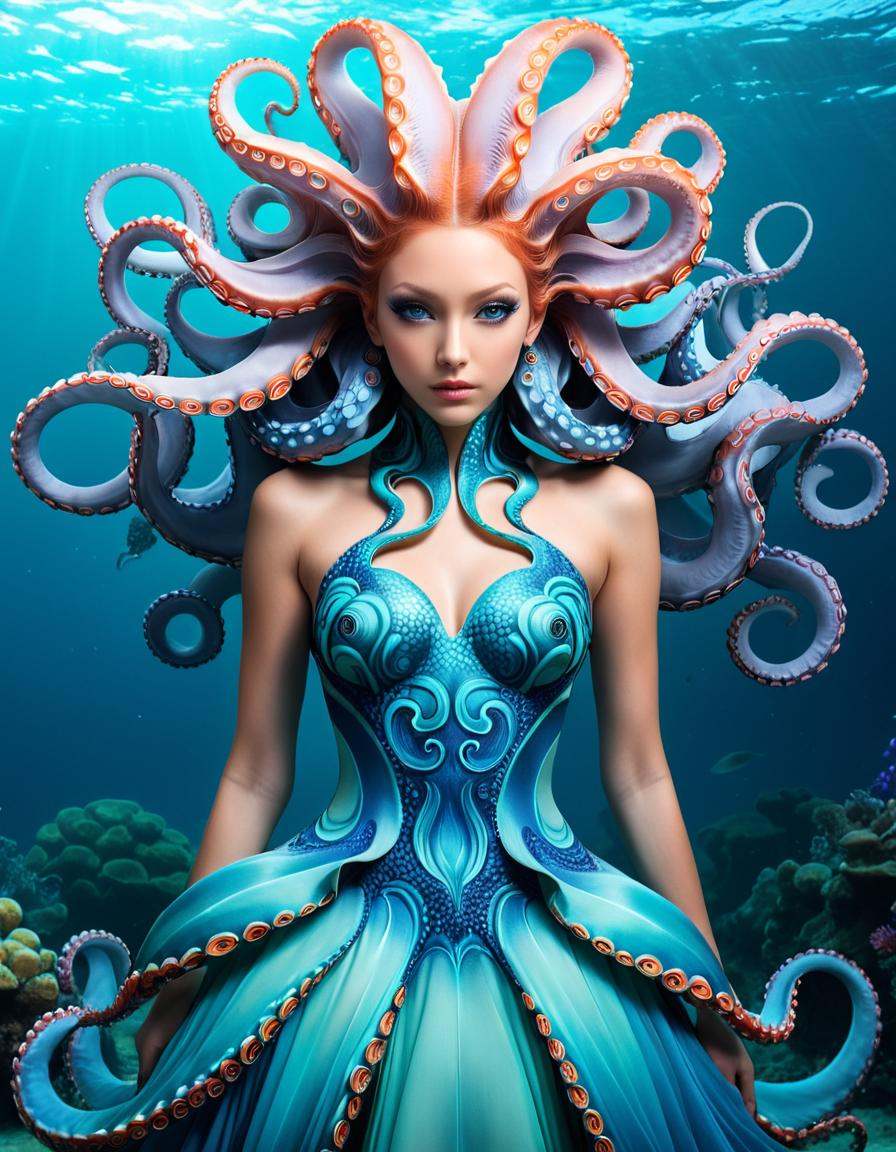 Pokémon style a woman in an underwater dress with octopus hair,  beautiful octopus woman,  portrait of an octopus goddess...