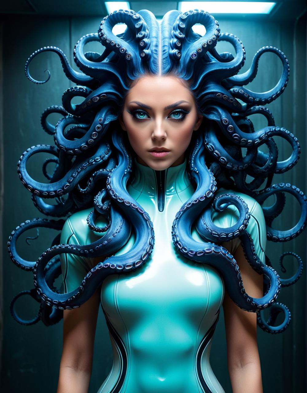 HDR photo of a woman with long octopus strands,  cyberpunk medusa,  portrait of a sci - fi woman on Tensor.Art