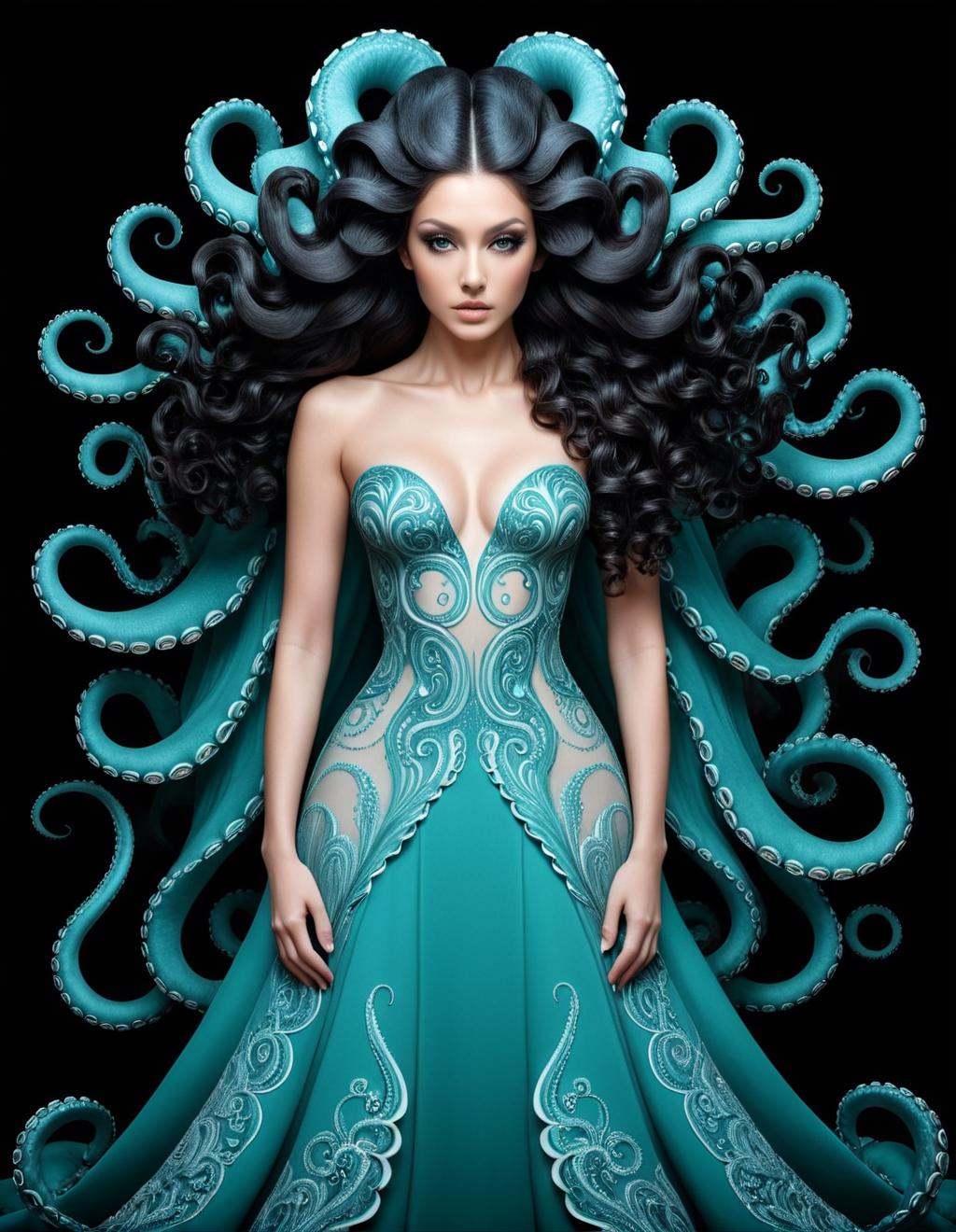 line art drawing a woman in a dress with a large octopus in the background,  beautiful octopus woman,  portrait of an octo...