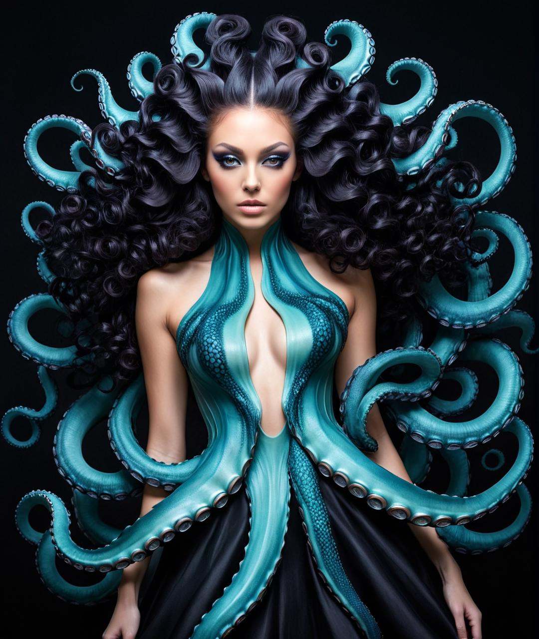 Watercolor painting a woman with octopus tentacles on her back,  beautiful octopus woman,  portrait of an octopus goddess...