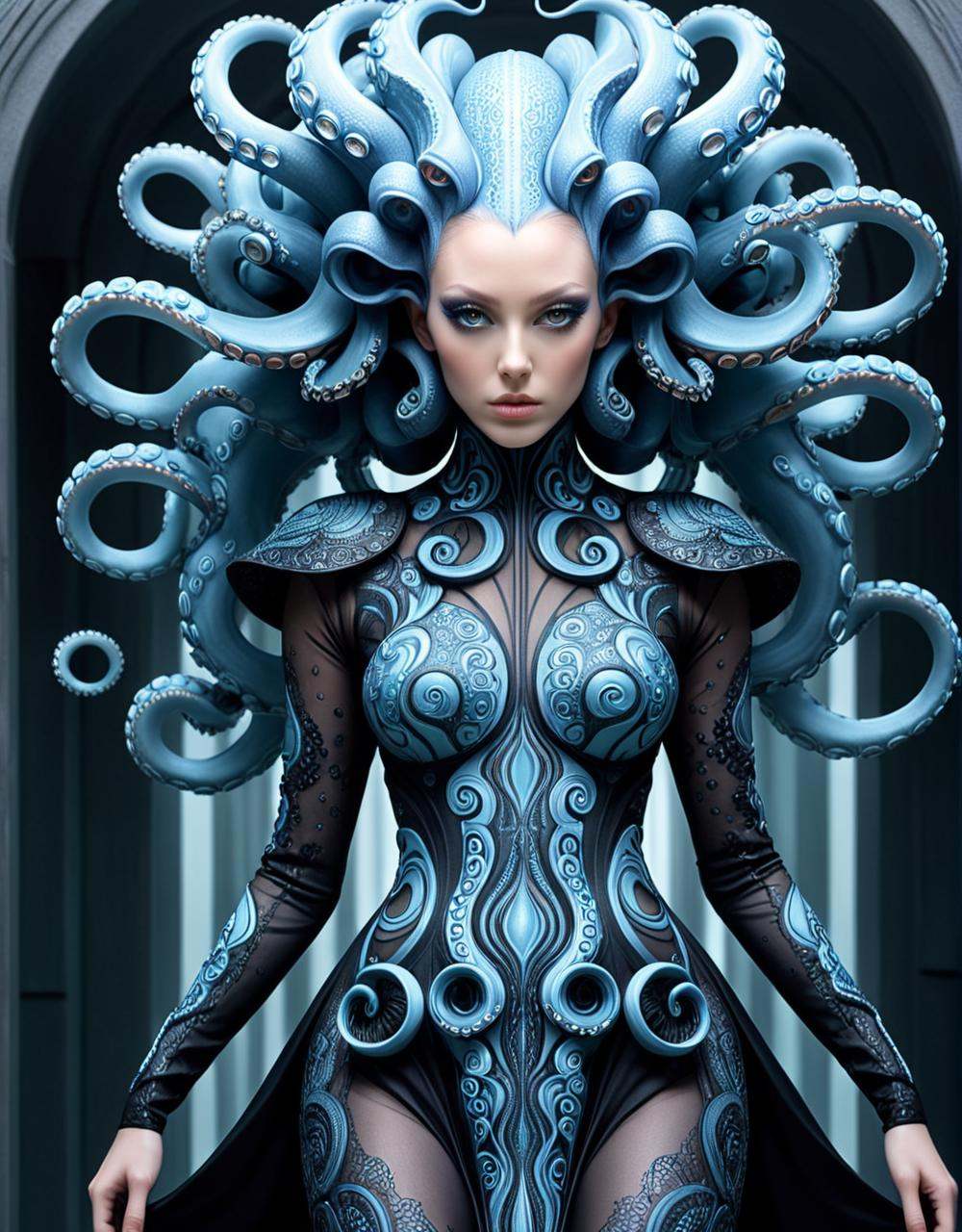 isometric style a woman in a cyborg costume with tentacles,  beautiful octopus woman,  portrait of an octopus goddess on T...
