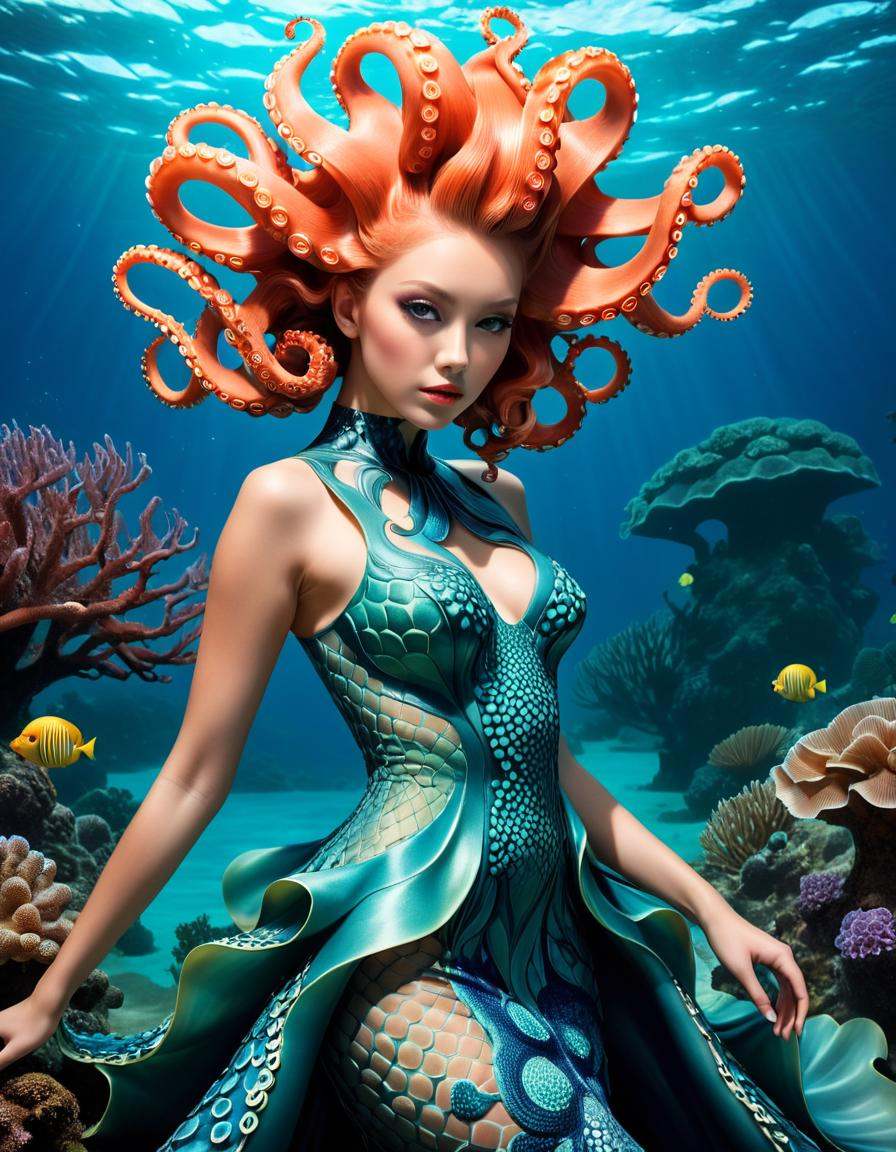 Strategy game style a woman in an underwater dress with octopus hair,  beautiful octopus woman,  portrait of an octopus go...