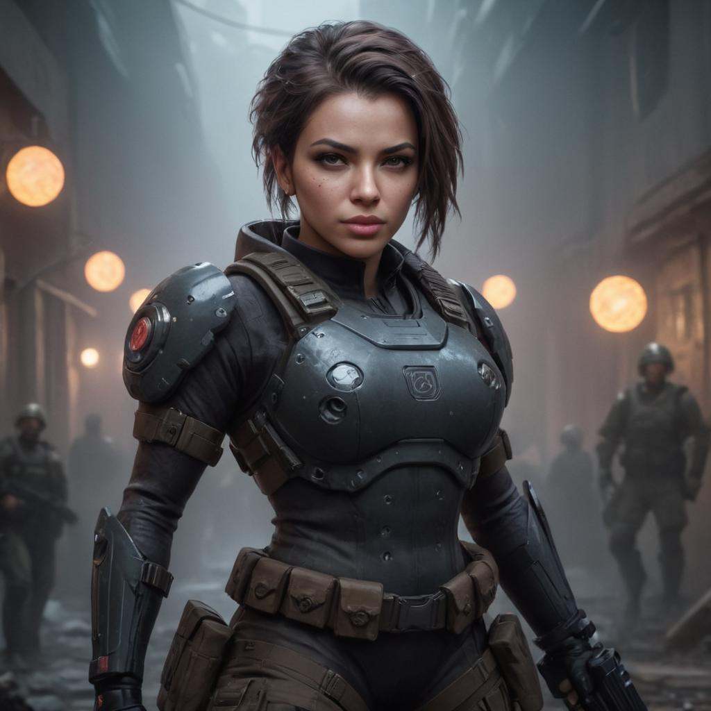 cinematic film still a woman with a gun in her hand,  wojtek fus,  cyberpunk judy alvarez on Tensor.Art
