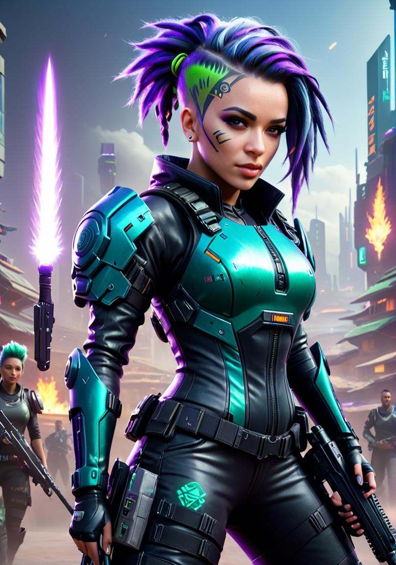 a woman with purple hair wearing a futuristic outfit,  a woman with dreadlocks holding a gun,  cyberpunk 8 k on Tensor.Art