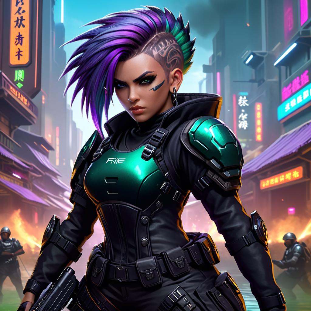 Fighting game style cyberpunk woman,  art by Ruan Jia,  Arts and Crafts Movement on Tensor.Art