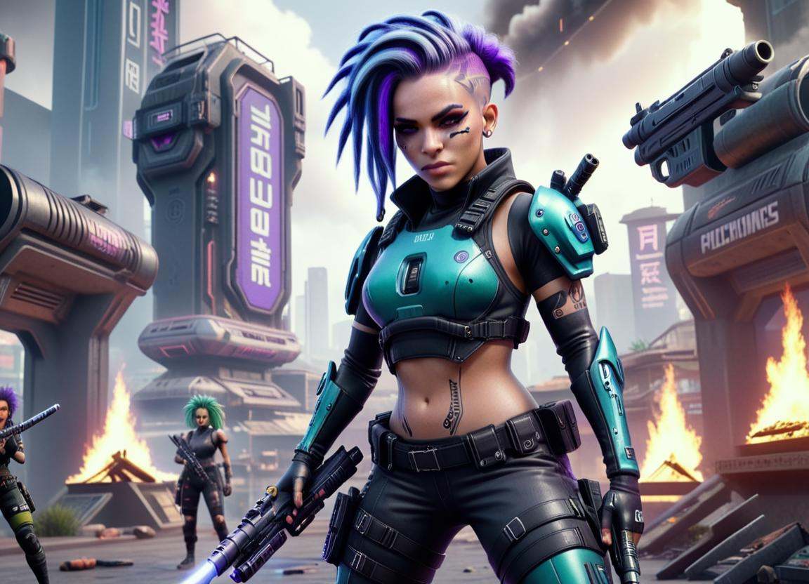 Hyperrealistic art a woman with purple hair wearing a futuristic outfit,  a woman with dreadlocks holding a gun,  cyberpun...