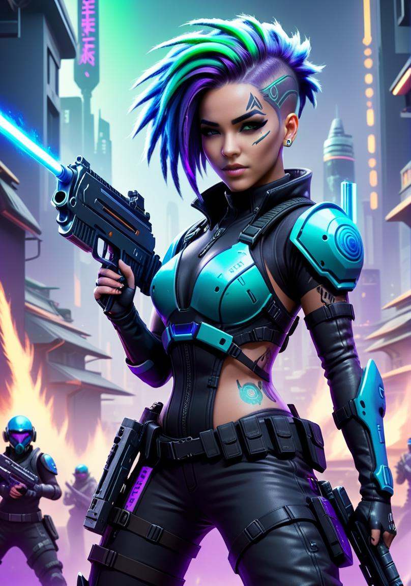 concept art a woman with purple hair wearing a futuristic outfit,  a woman with dreadlocks holding a gun,  cyberpunk 8 k o...