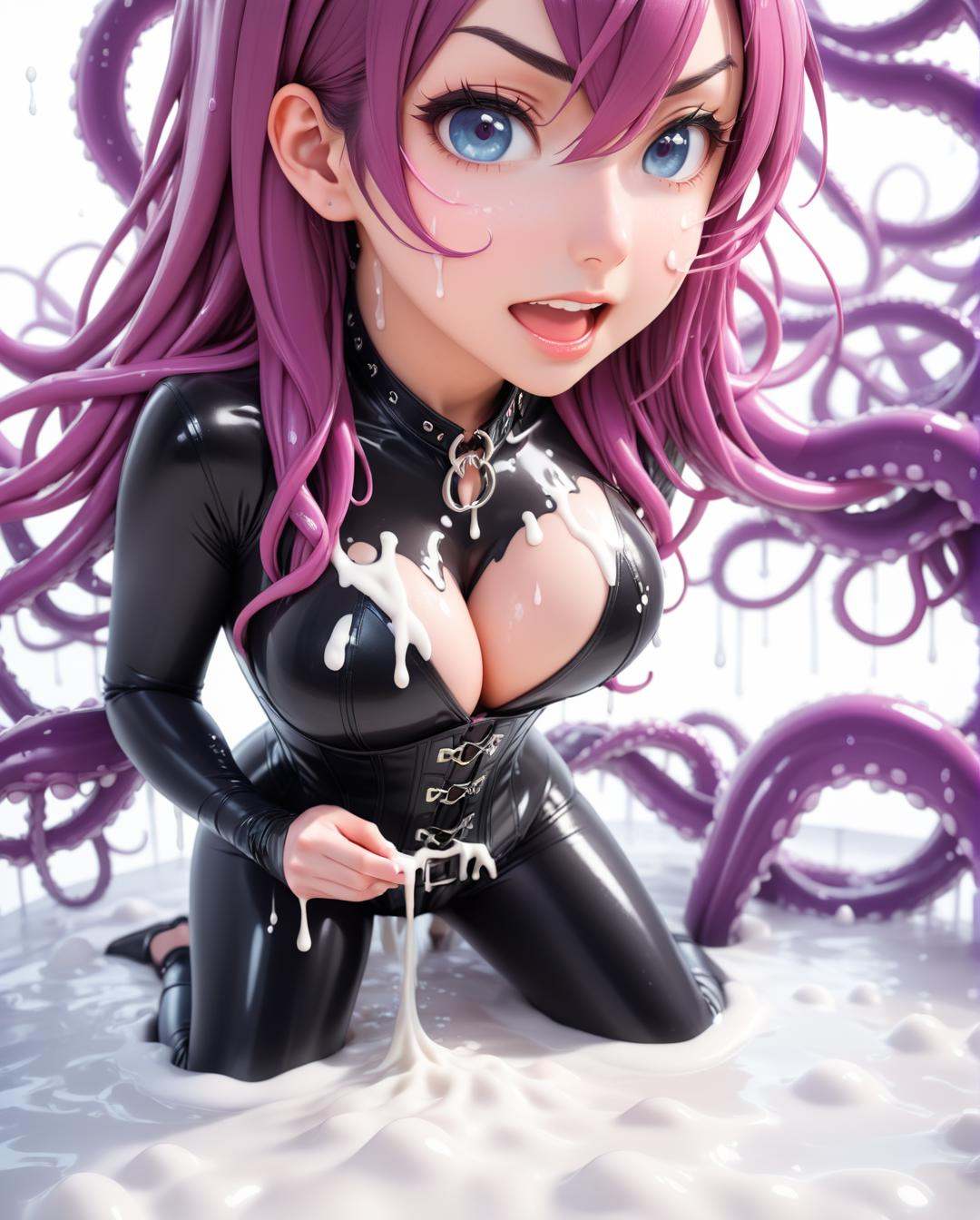 anime artwork a woman in sexy latex with corset,  (cumshot on face):1.6,  (cumshot):1.9 on Tensor.Art