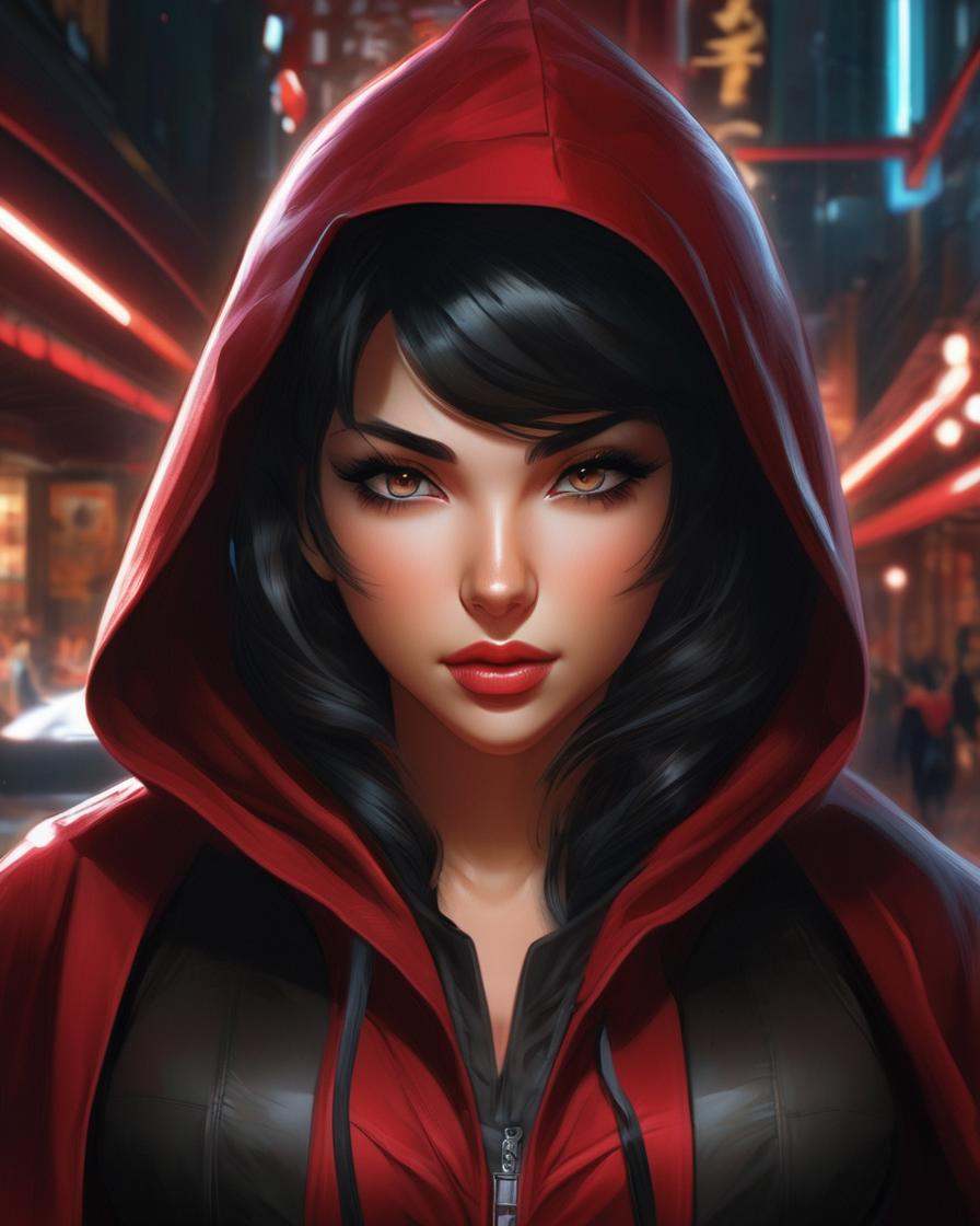 anime artwork a woman in red hooded cloak,  detailed portrait of anime girl,  black haired girl wearing hoodie on Tensor.Art