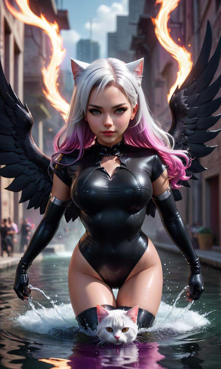 cinematic film still digital art of an elegant,  cyborg - girl with silver hair,  3d render of catwoman on Tensor.Art