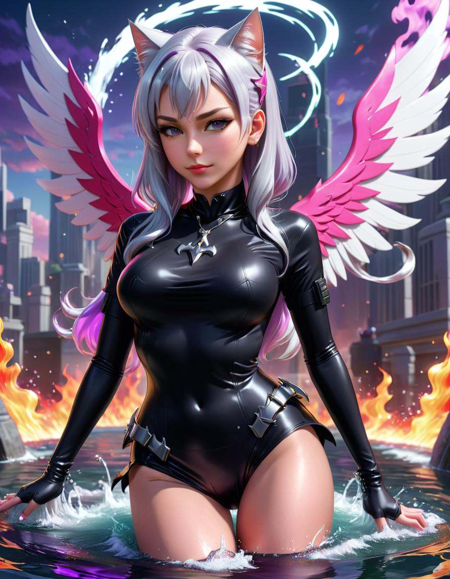 anime artwork digital art of an elegant,  cyborg - girl with silver hair,  3d render of catwoman on Tensor.Art