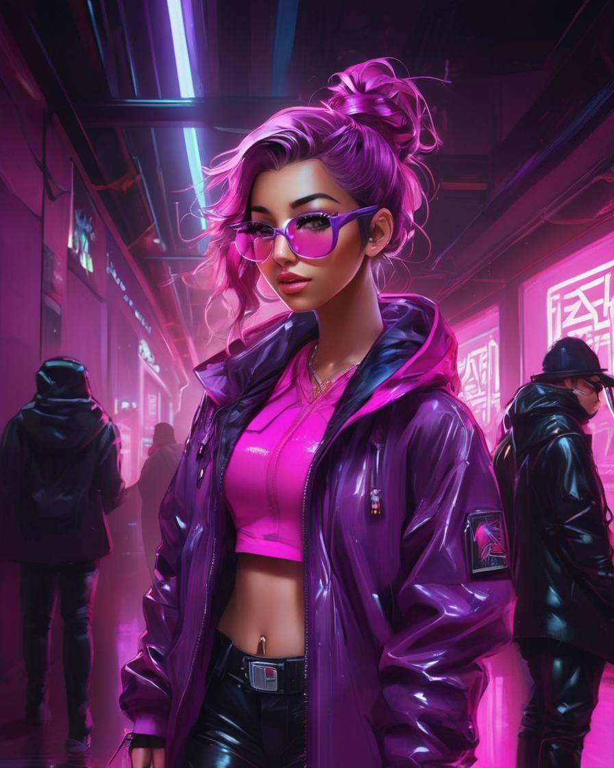 anime artwork a girl in pink jacket and glasses is standing in a hallway,  neon version of style jim burns,  stylish coat...