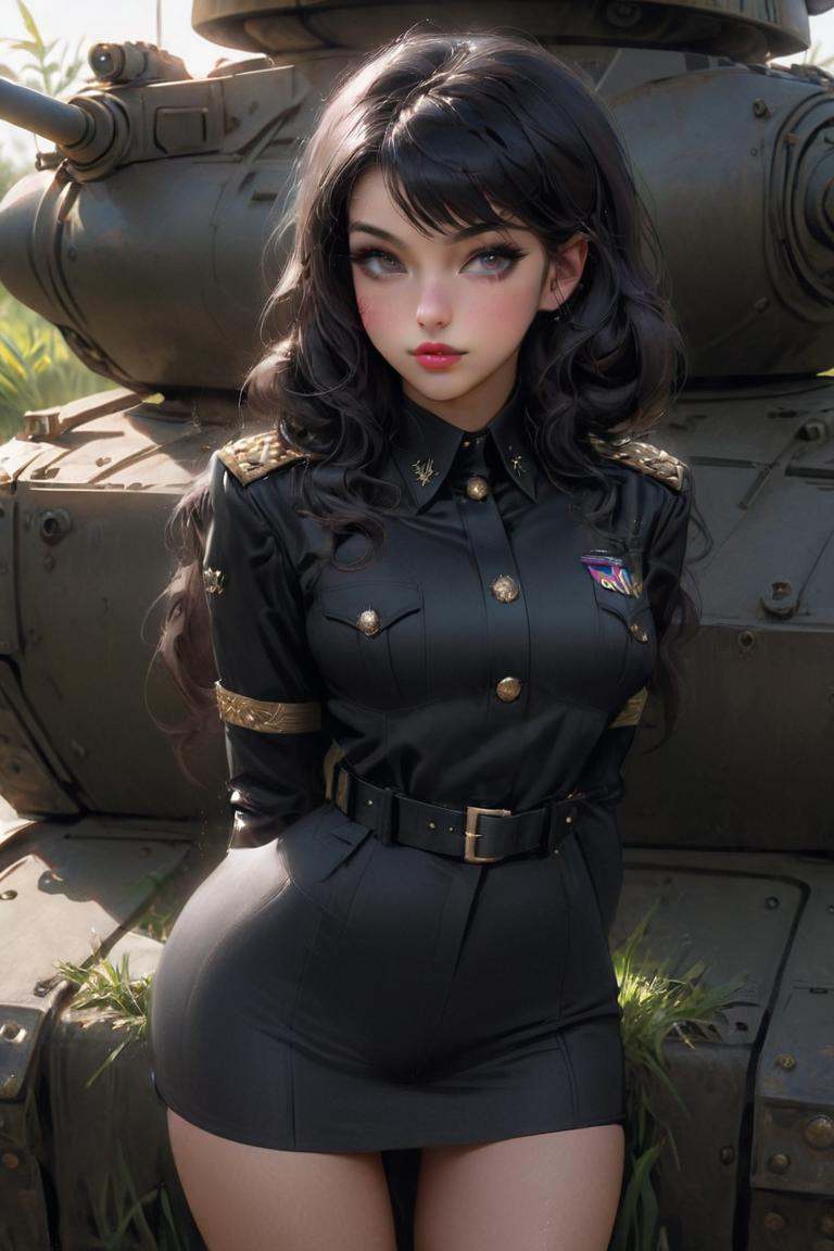 Long exposure photo of of a girl in military uniform standing next to a ****,  a black dieselpunk policewoman,  clothed in...