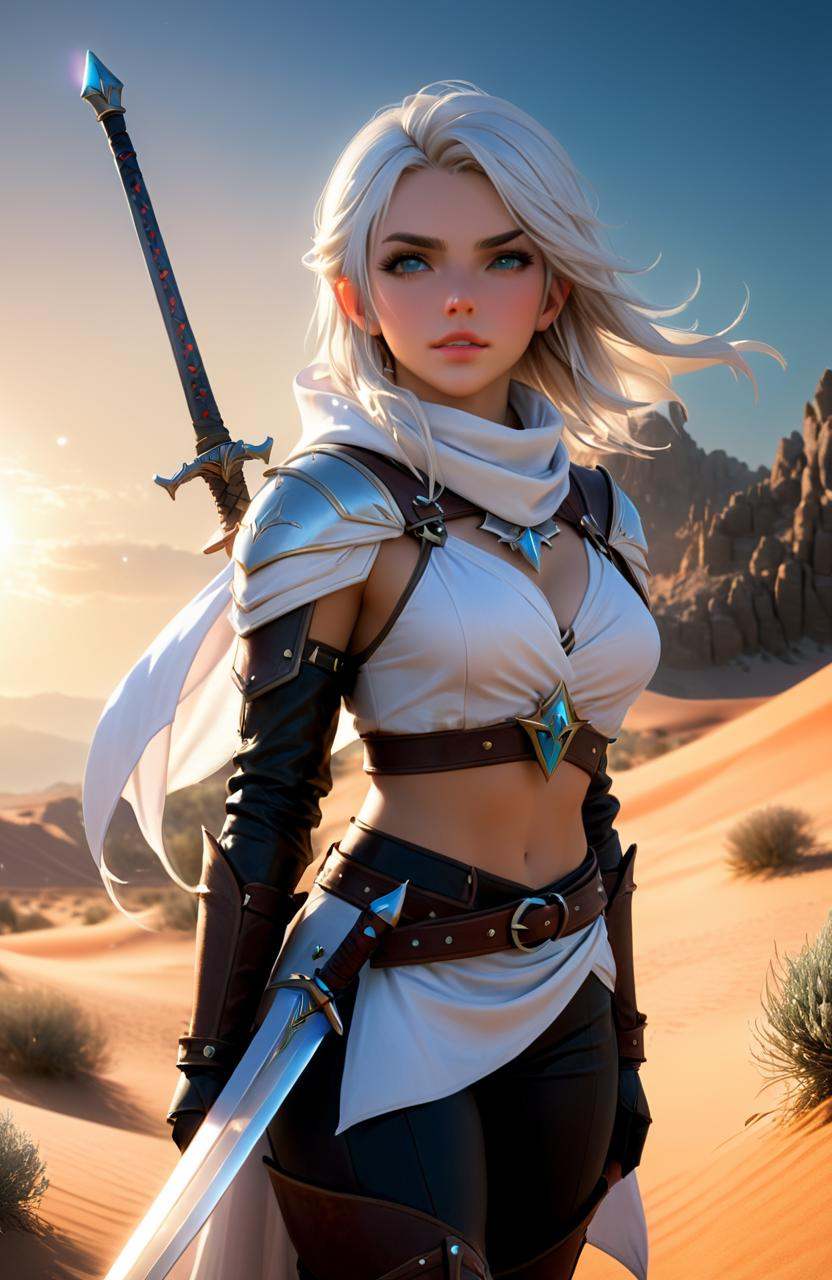 Fairy tale a white female with long hair standing in a desert,  ciri from the witcher,  riven from league of legends on Te...