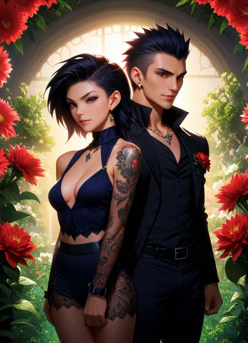 anime artwork ,  anime key visual,  Mystical Vampiric athletic Couple surrounded by Bouquets on Tensor.Art