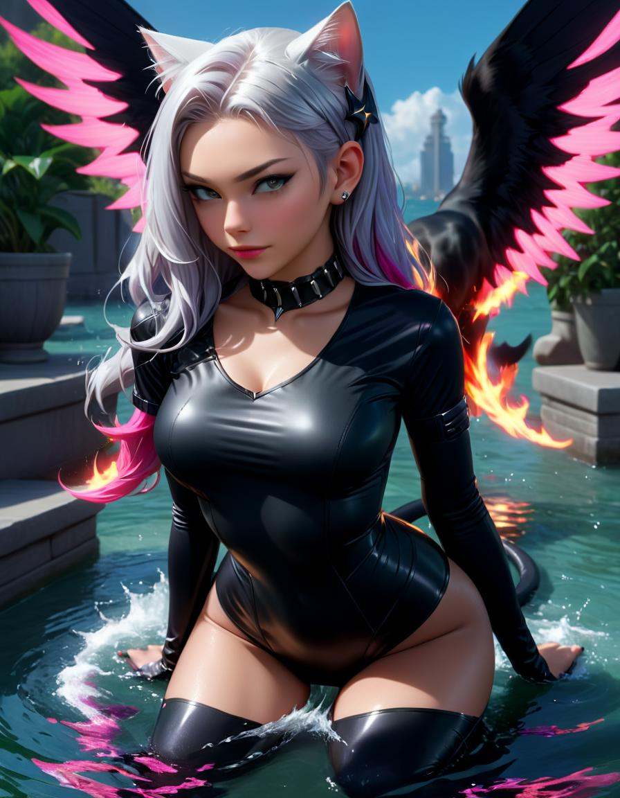 Hyperrealistic art digital art of an elegant,  cyborg - girl with silver hair,  3d render of catwoman on Tensor.Art