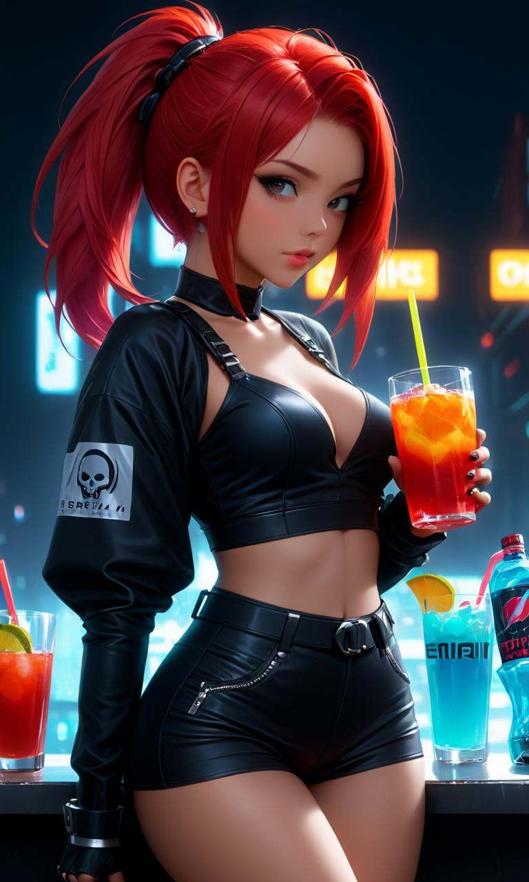 concept art a girl with red hair holding a drink,  female death holding a cocktail,  anime girl drinks energy drink on Ten...