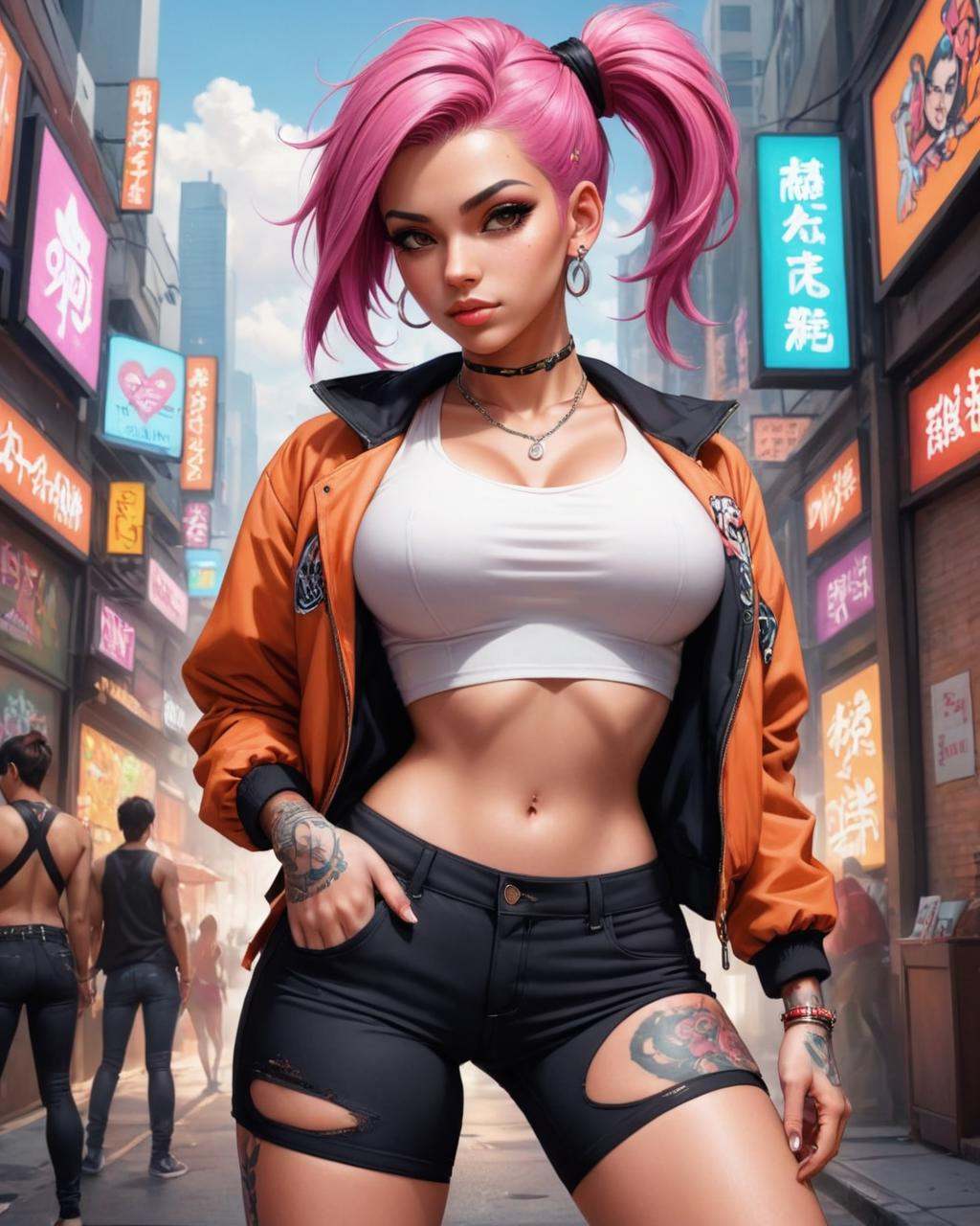 GTA-style artwork a girl with pink hair and tattoos,  extremely detailed artgerm,  tattooed pinup on Tensor.Art