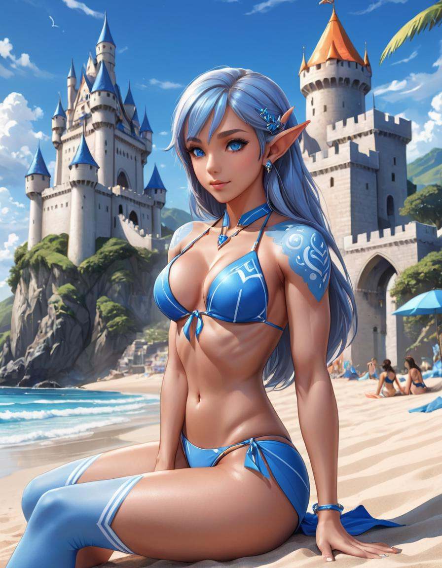 concept art a woman in a bikini sitting on the beach in front of a castle,  blue-skinned elf,  elf girl on Tensor.Art