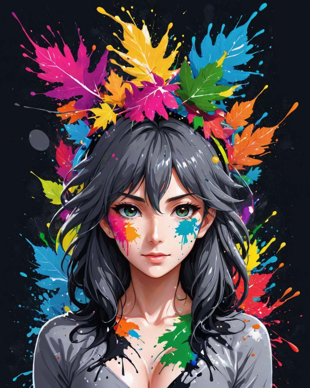 anime artwork a woman with a head covered in leaves,  in the background a close up of a colorful splash of paint on a blac...