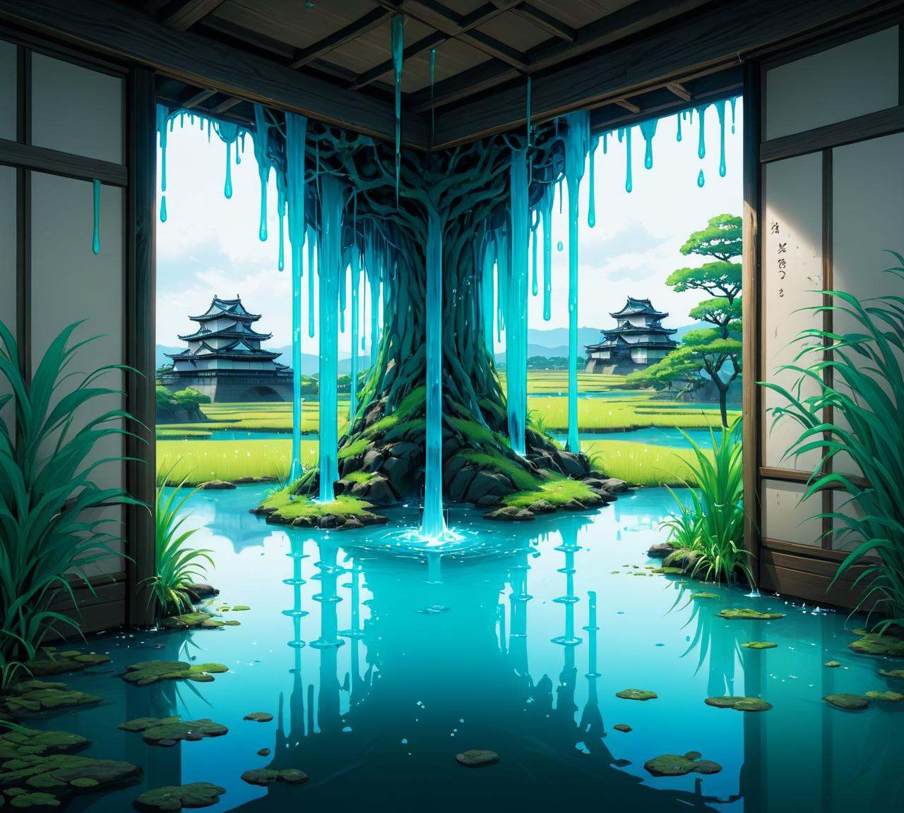 anime artwork ,  Bizarre Marsh from inside of a Himeji Castle,  dripping Cyan on Tensor.Art