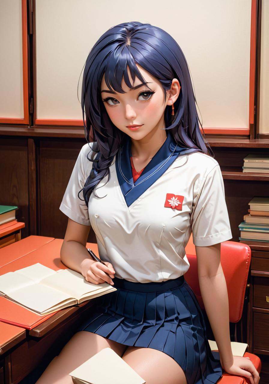 Kirigami representation of a girl in a school uniform sitting at a desk,  close portrait,  beautiful on Tensor.Art