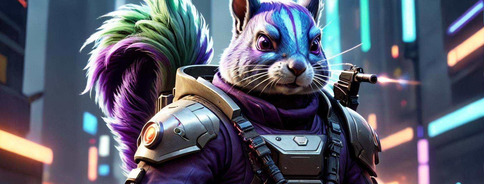 Hyperrealistic art [X],  cyber punk 2077,  [B] a squirrel with purple hair wearing a futuristic outfitwith dreadlocks hold...