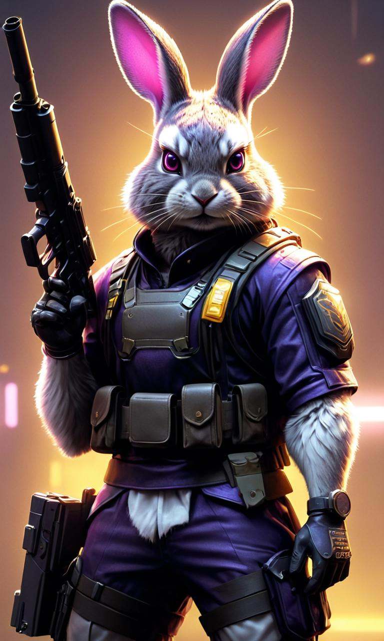 neonpunk style of a rabbit with a gun in his hand,  FFcyberbunny,  weapon on Tensor.Art