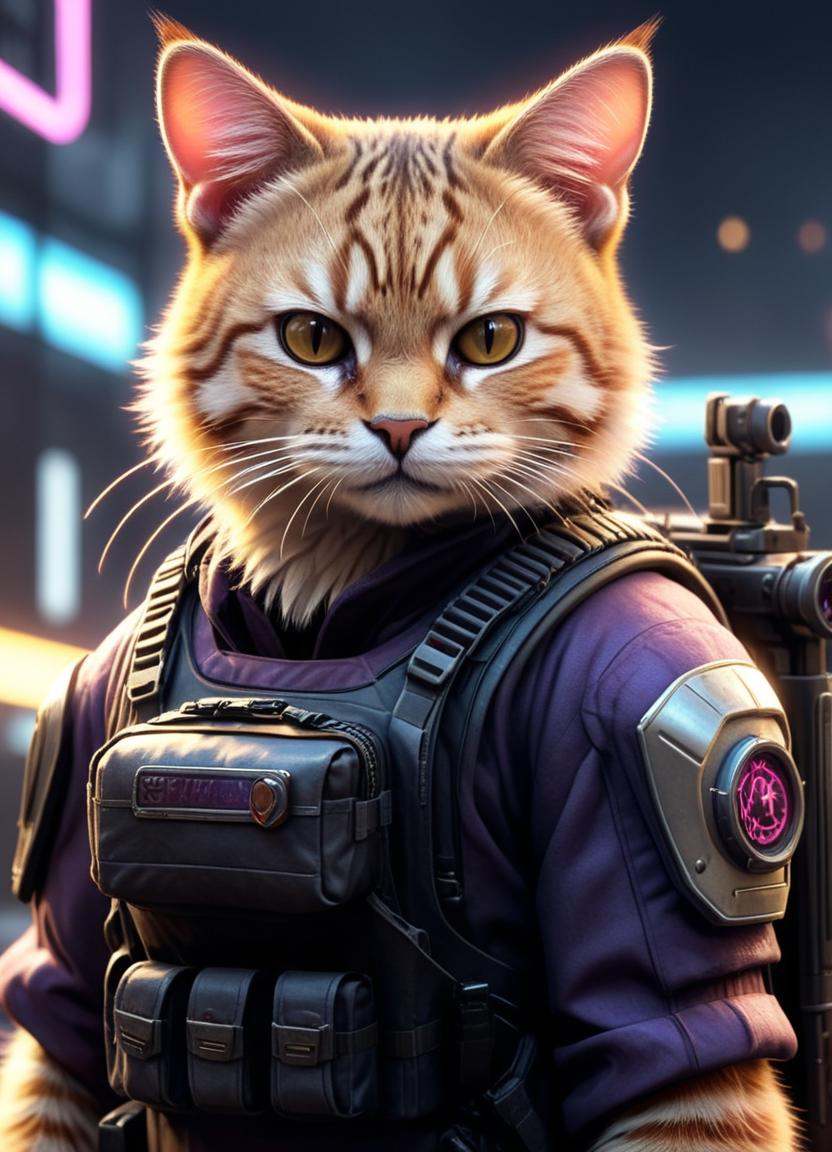 neonpunk style of a close up of a cat with a rifle,  FFcyberbunny,  weapon on Tensor.Art