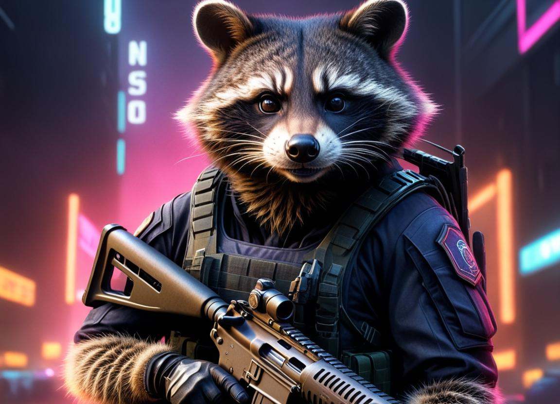 neonpunk style of a painting of a raccoon holding a gun,  FFcyberbunny,  weapon on Tensor.Art
