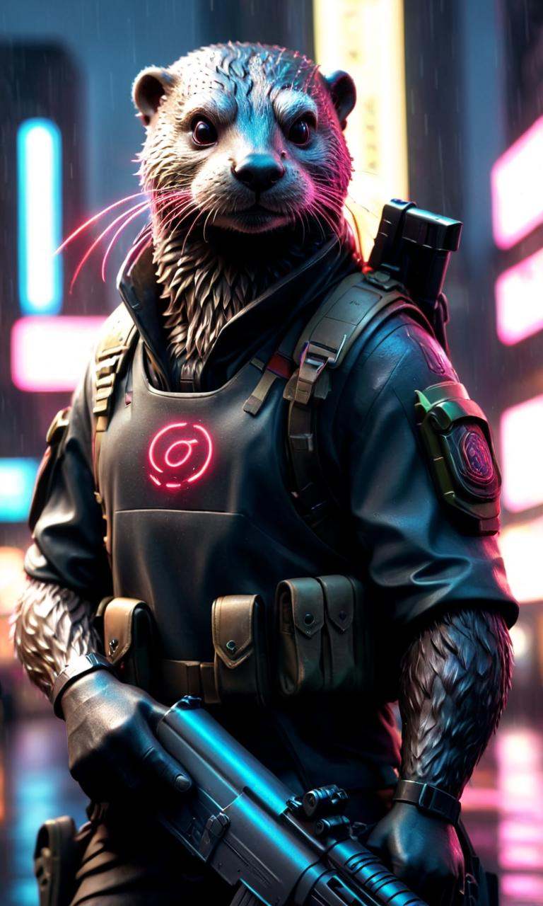 Neon noir of a statue of an otter holding a rifle,  FFcyberbunny,  weapon on Tensor.Art