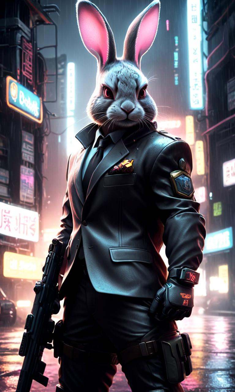 Neon noir of a rabbit in a suit holding a rifle,  FFcyberbunny,  weapon on Tensor.Art