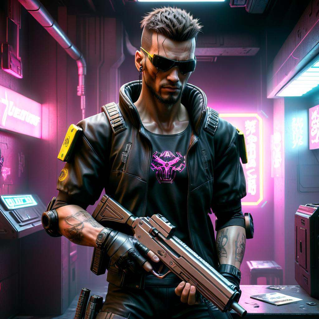 Hyperrealistic art cyber man holding a gun in a neon lit room,  cyberpunk hero,  cyberpunk photo on Tensor.Art