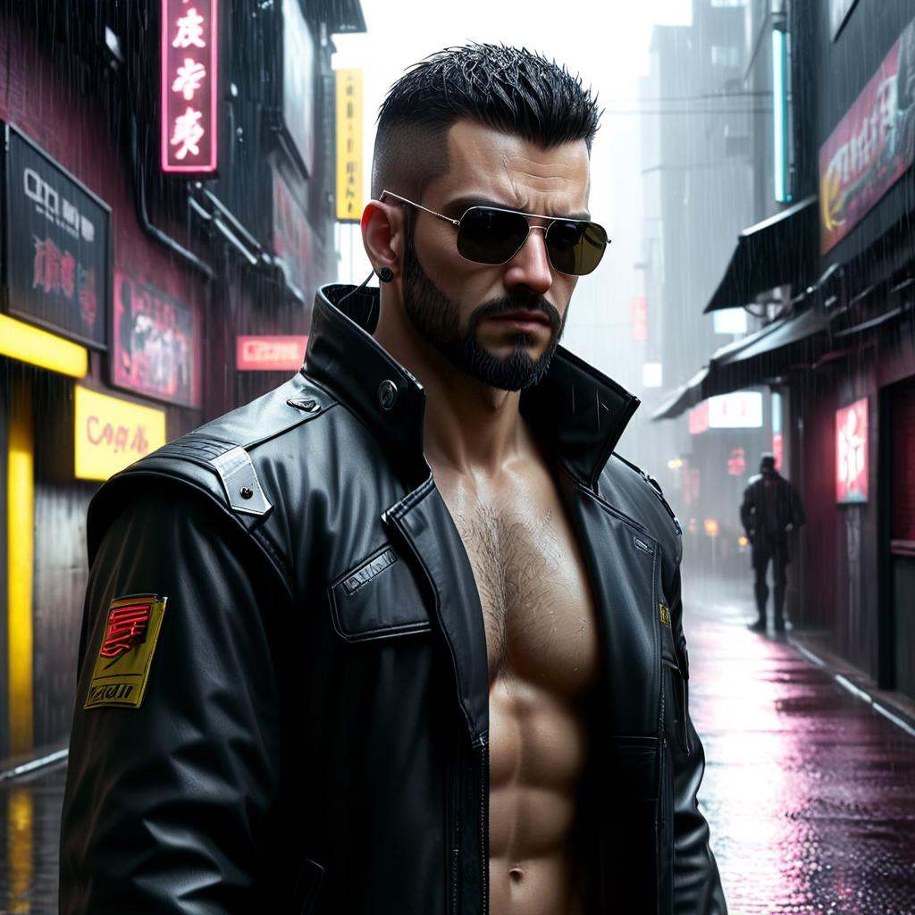Monochrome ,  cyber man in a leather jacket standing in a dark alley,  cyberpunk style on Tensor.Art