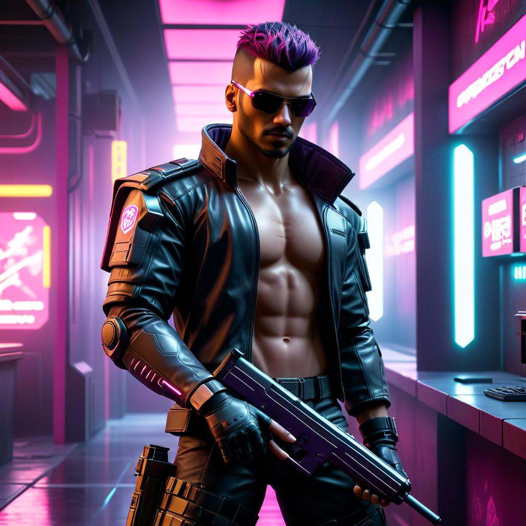 neonpunk style cyber man holding a gun in a neon lit room,  cyberpunk hero,  cyberpunk photo on Tensor.Art