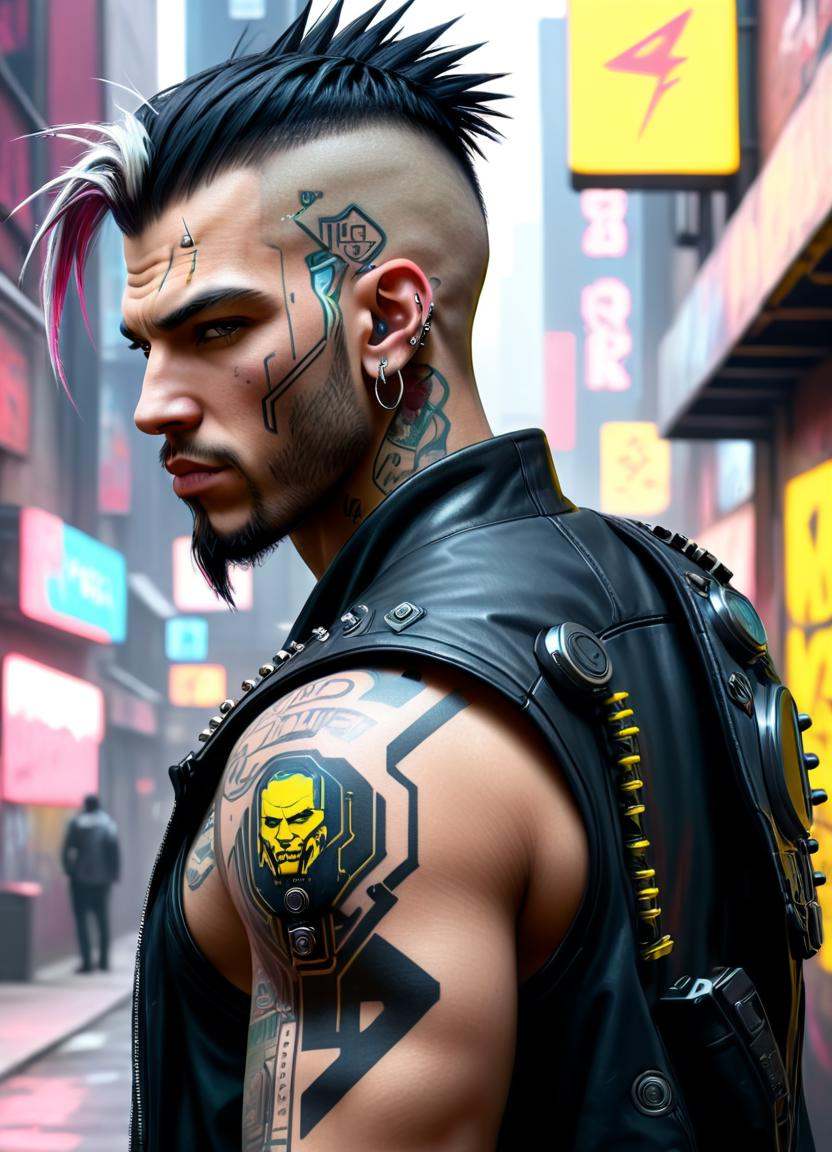 Graffiti style cyber - punk man with piercings and piercings in a city,  cyberpunk dude,  cyberpunk style on Tensor.Art