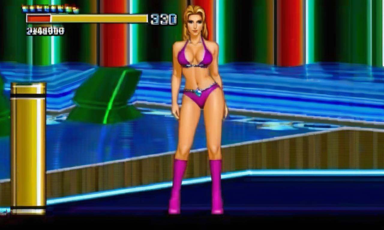 Retro arcade style woman in computer game,  gameplay screenshot posing for a picture in latex bikini a screen shot of a co...