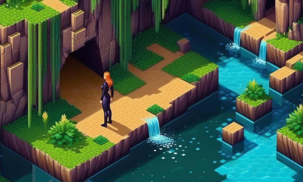 isometric style woman in computer game,  gameplay screenshot posing for a picture in latex catsuit a close up of a pixel a...