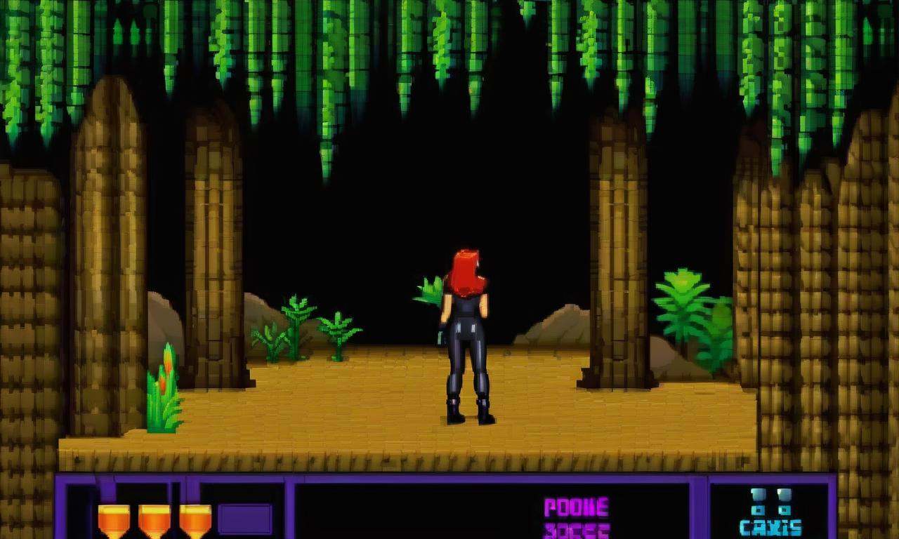 Retro arcade style woman in computer game,  gameplay screenshot posing for a picture in latex catsuit a close up of a pixe...