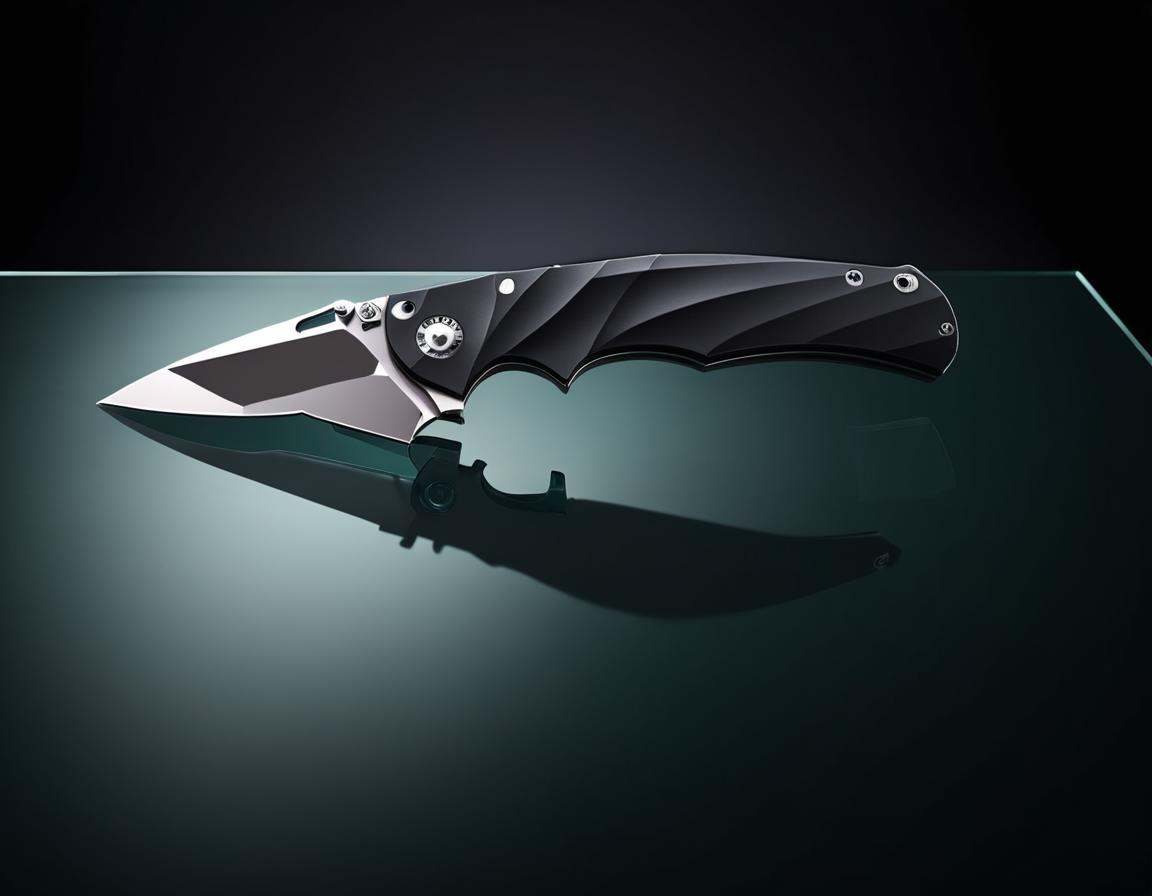 Advertising poster style ,  a knife sitting on top of glass modern design table,  full subject shown in photo on Tensor.Art
