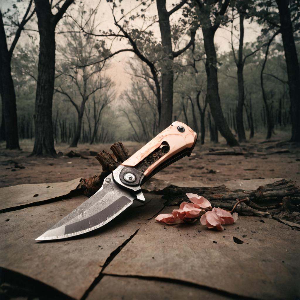 Dystopian style photograph,  [trees|blossoms],  landscape of a Young Ugly folding knife from inside of The Staff of Moses...