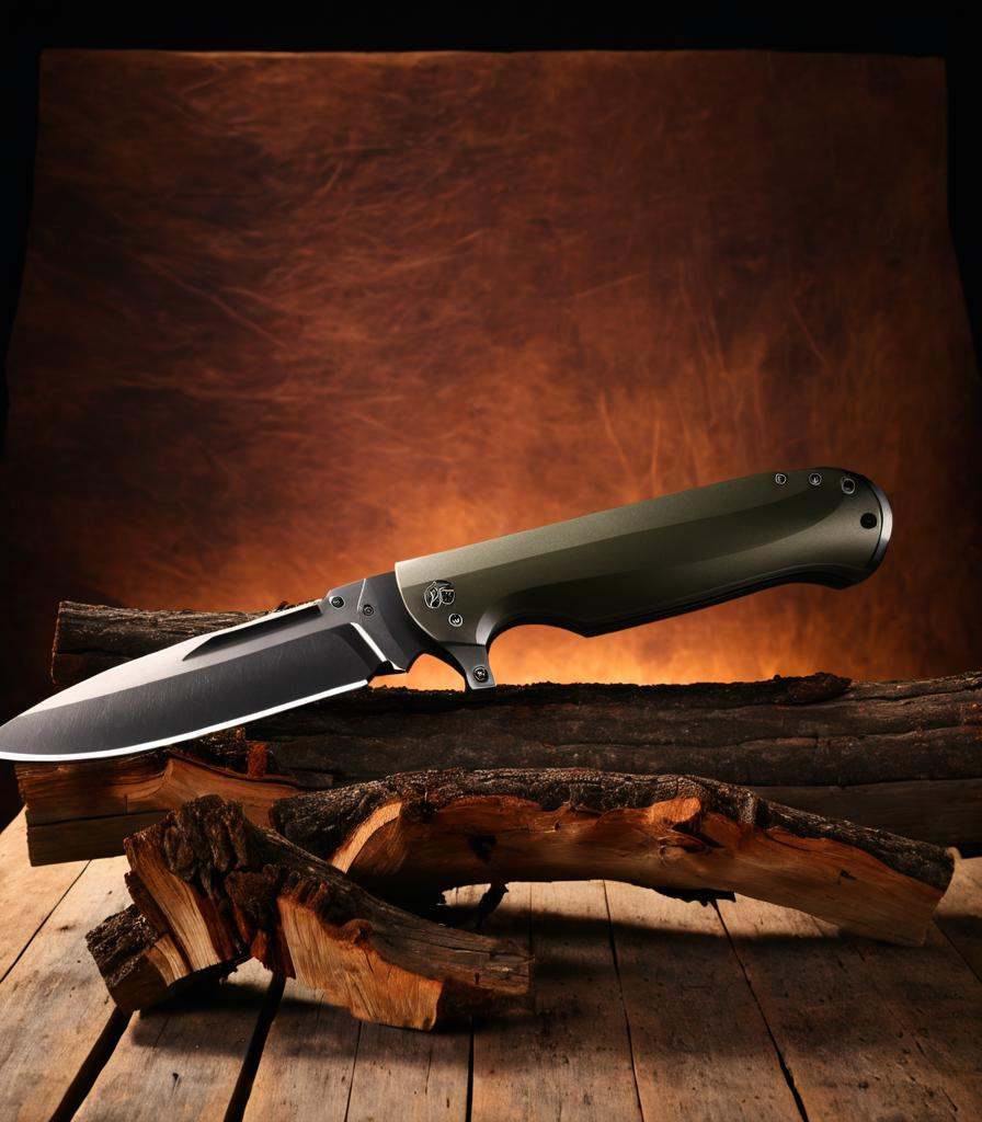 cinematic photo ,  Real estate photography style a knife sitting on top of a piece of wood next to a piece of wood with a...