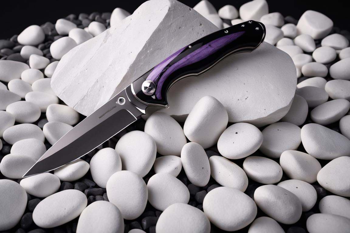 Dystopian style a knife sitting on top of a pile of white rocks next to a pile of black and white rocks with a knife stick...
