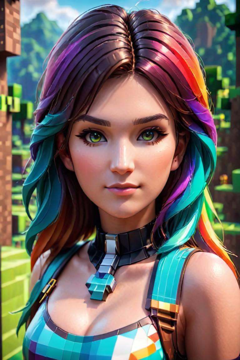 Minecraft style Minecraft world,  Minecraft render style in focus face with fine details,  beautiful young face on Tensor.Art