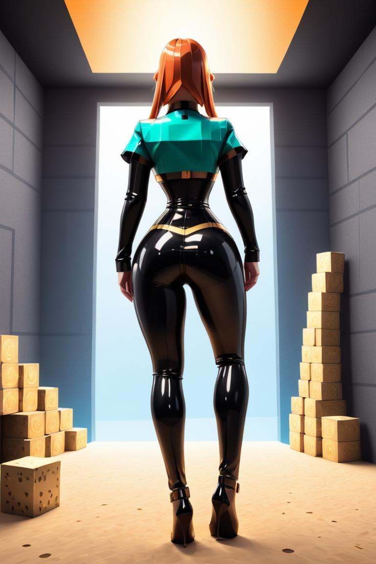 Minecraft style Minecraft world,  Minecraft render style a girl in black pants standing in a room,  from the waist up on T...