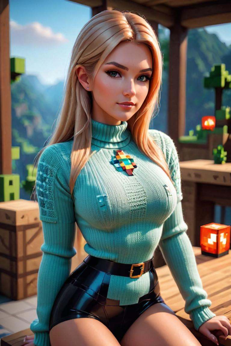 Minecraft style Minecraft world,  Minecraft render style a woman in a sweater sitting at a table,  mid-shot portrait of a...