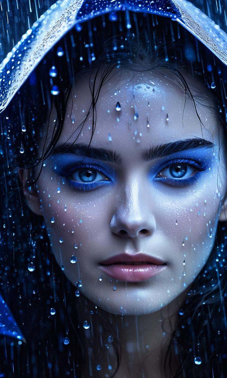 kor,  a woman standing in front of a window covered in rain,  rain drops on face on Tensor.Art