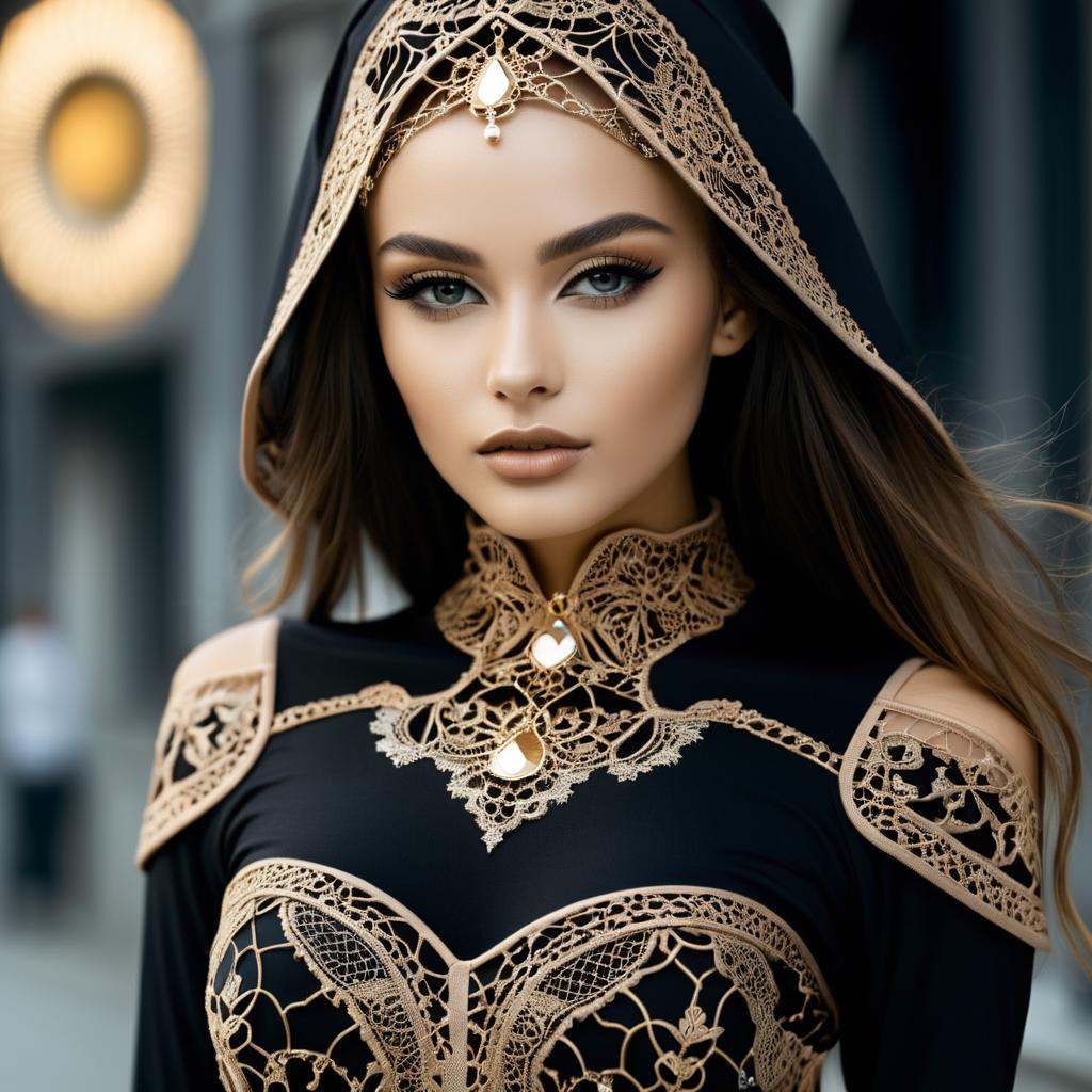 Techwear fashion ,  a close up of a person wearing a bra,  intricate clothing on Tensor.Art