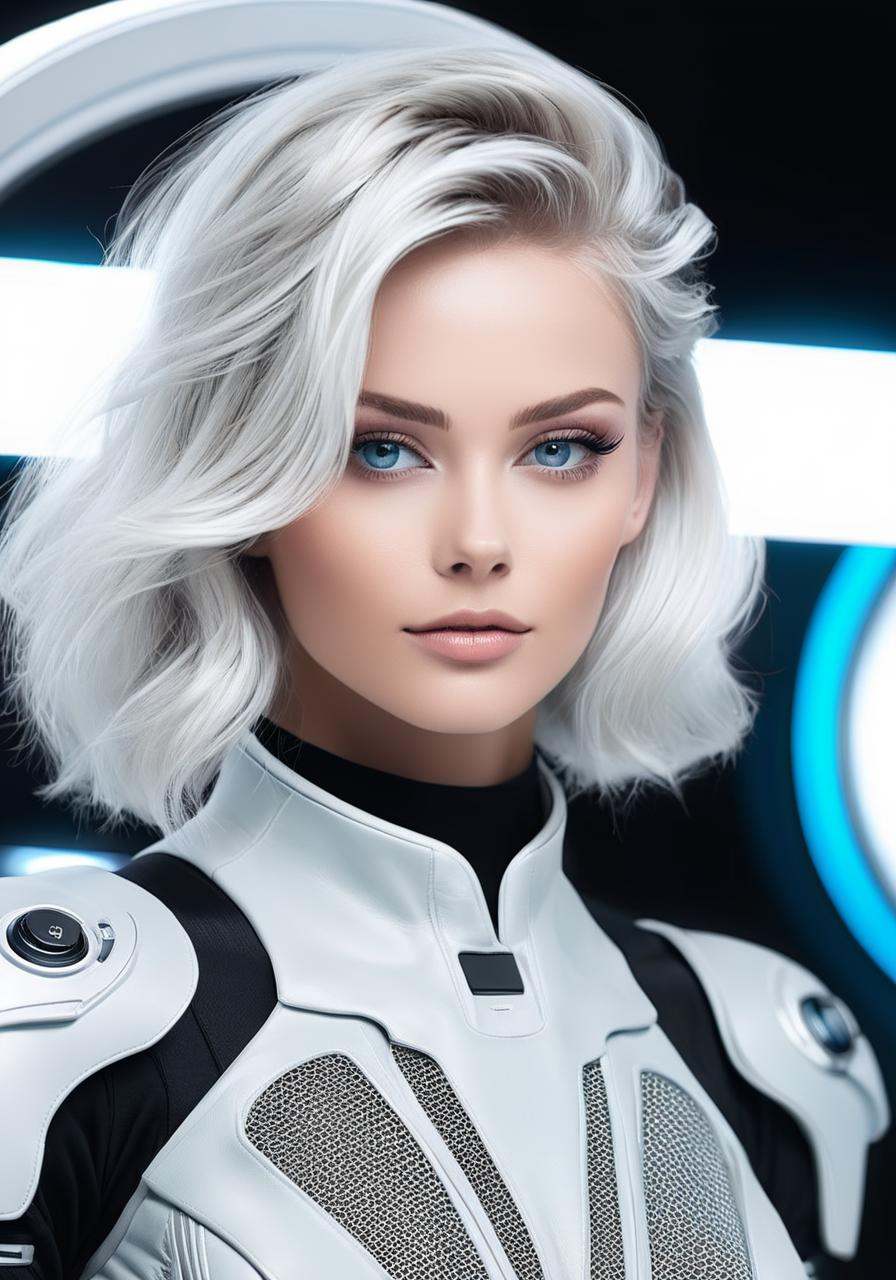 texture a woman with white hair and a futuristic suit,  portrait armored astronaut girl,  epic sci - fi character art on T...