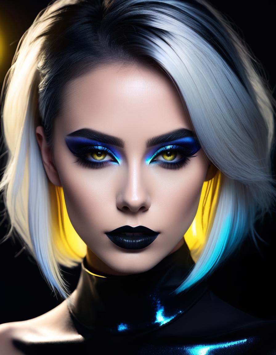 Stained glass style a woman with white hair and black makeup,  futuristic look,  portrait of metallic face on Tensor.Art